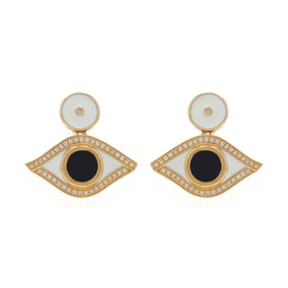 Yellow Gold Diamond Enamel Evil Eye Dangle Earrings 14k Single .20ctw All-Seeing